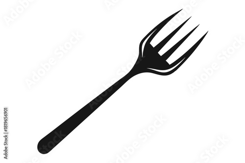 Simple silhouette of a black metallic fork with four prongs against a white background
