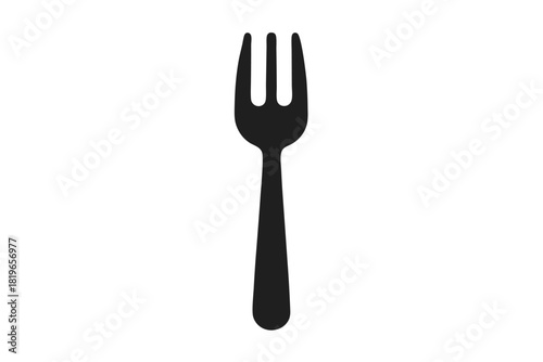 A sleek, single, black fork stands vertically against a clean, transparent backdrop