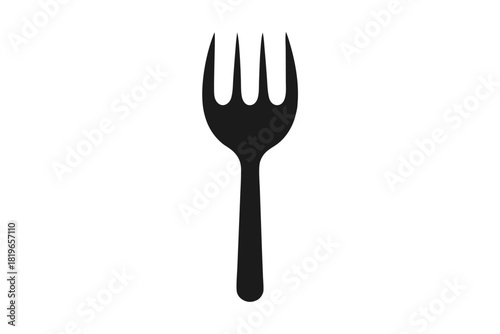 The single black fork appears minimalist, modern, simple, and stands upright against a white backdrop