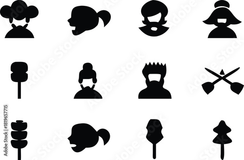 Diverse silhouettes in playful grid expressive graphic japanese culture icons representing people nature and activities perfect for creative projects inclusive designs and modern branding solutions