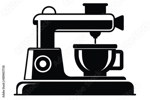 Black mixer machine with an attached bowl showcases a solid silhouette against white background