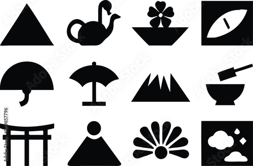 Elegant black silhouette icons showcase Japanese culture, nature, and traditions, perfect for travel guides, cultural projects, and minimalist designs, originally from scalable vector graphics.e