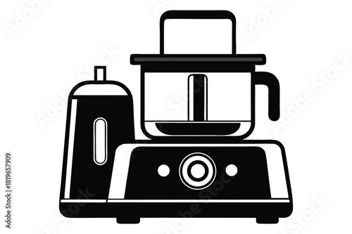 A black food processor and blender combo is outlined with fine, detail
