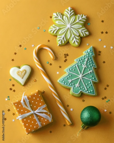 Festive christmas cookies and decorations on a yellow background
