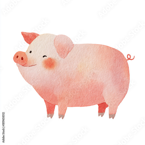 Cute watercolor illustration of a smiling pig in a playful pose with a soft pink hue and gentle expressions