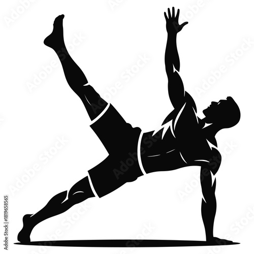 Athletic Man Doing Side Plank Pose Silhouette Vector Illustration – Fitness Exercise Artwork Showing Strength, Balance, Core Stability, and Body Workout Concept for Gym or Sports Design