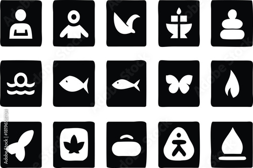 Whimsical icon collection, perfect for web design and app development includes figures animals and natural elements these symbols add a touch of creativity and charm