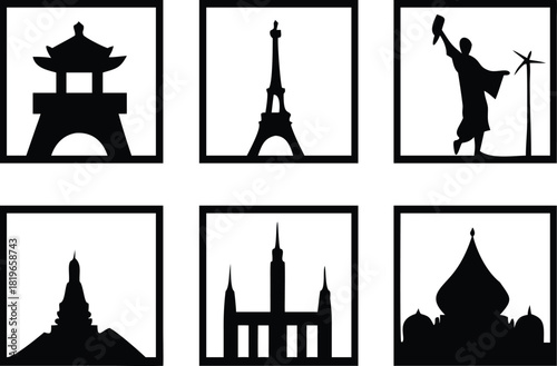  World landmark icons japanese culture featuring travel destinations in black silhouettes representing global tourism cultural diversity and architectural wonders perfect for travel blogs