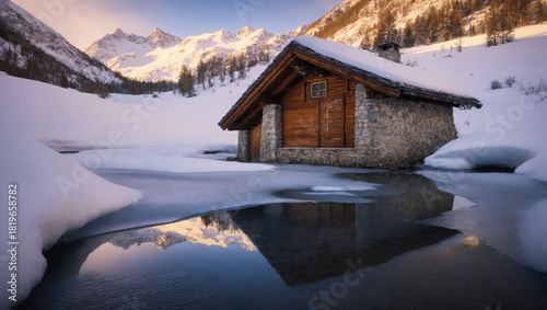 Little house by the lake among snow and ice in the mountains.