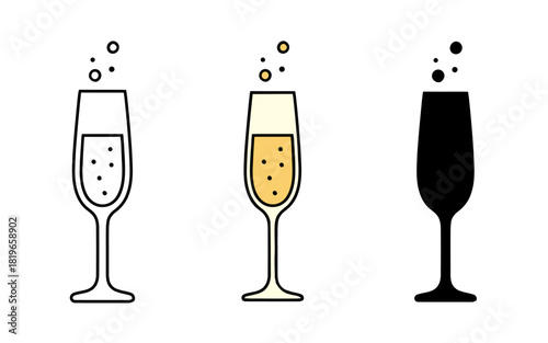 Champagne Glasses Showing Bubbles in Line Art, Color Icon, and Solid Silhouette