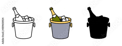 Stylized Champagne Bottle in Ice Bucket Presented in Three Different Renderings