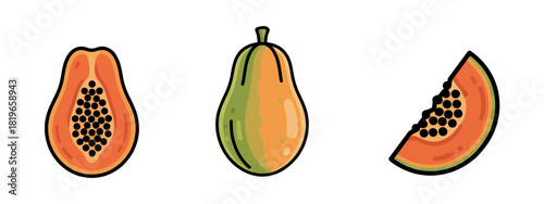 Depiction of Whole and Halved Papaya Fruits with Seeds on White Backdrop