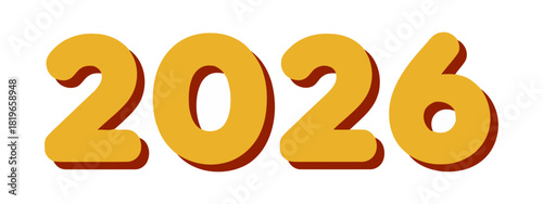 Year 2026 represented with bold yellow numbers and dark brown drop shadow against a white backdrop