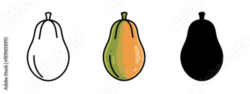 Papaya Representations with Outline, Color, and Silhouette on White Background