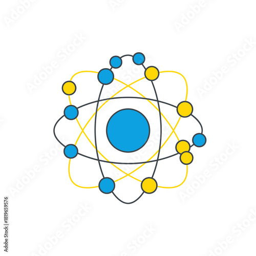 Stylized atomic model illustration with a central nucleus and orbiting electrons in blue and yellow colors, representing science and chemistry concepts.