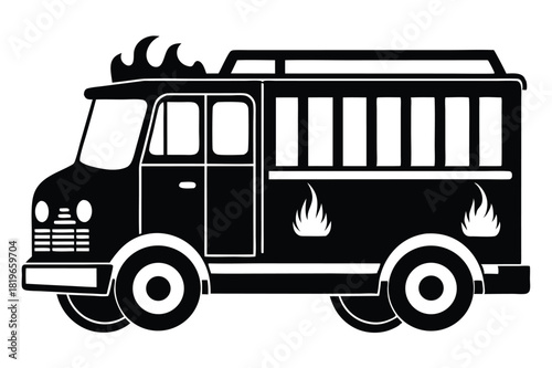 Monochrome fire truck displaying flames near the wheels with a white backdrop is showcased