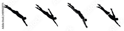 Swimmer Diving Silhouette Vector Illustration Set – Professional Athlete Performing Dive Sequence, Sports Artwork Showing Motion, Strength, Fluidity, and Competitive Swimming Concept