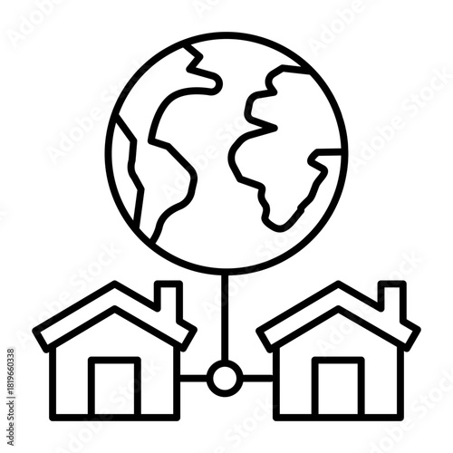 Earth planet and house network thin line icon, work from home concept, global remote job vector sign on white background, outline style icon mobile concept web design. Vector graphics.
