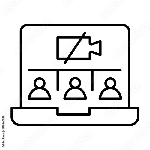 Online meeting on laptop without web camera thin line icon, videoconference issue concept, vector sign on white background, outline style icon mobile concept web design. Vector graphics.