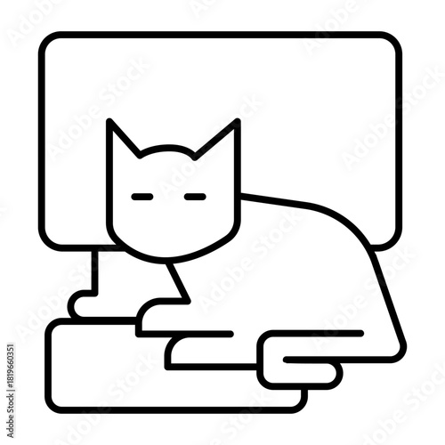 Computer, keyboard and cat thin line icon, leisure time concept, pet relax near PC monitor vector sign on white background, outline style icon mobile concept web design. Vector graphics.