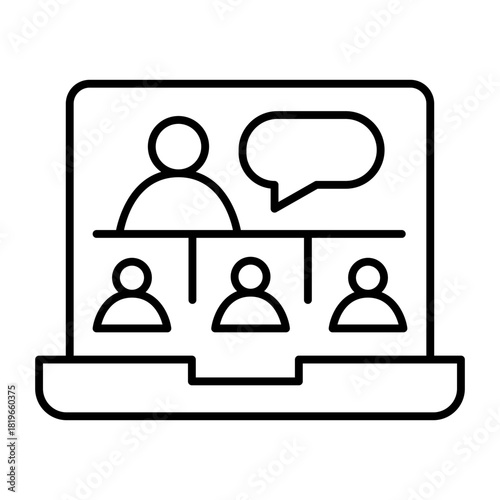 Laptop and online conference app thin line icon, virtual communication concept, video call vector sign on white background, outline style icon mobile concept web design. Vector graphics.