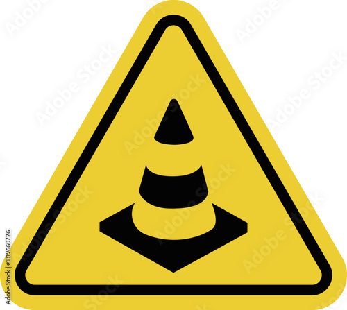 Cones ahead. Yellow warning road sign. An area marked with cones ahead, and caution is required when slowing down or driving around it. Roadworks.