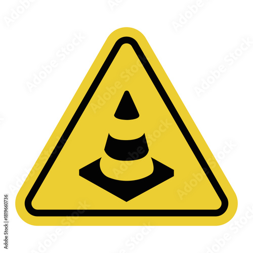Cones ahead. Yellow warning road sign. An area marked with cones ahead, and caution is required when slowing down or driving around it. Roadworks.