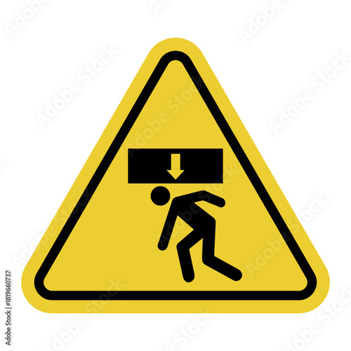 Danger of crushing from above. Yellow triangle warning sign. Squeezing, pinching, or crushing from above. Falling slab.