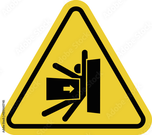 Side crush hazard sign. Yellow triangle warning sign. Side squeezing or crushing. Caution is required.