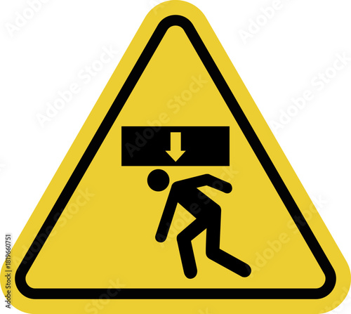 Danger of crushing from above. Yellow triangle warning sign. Squeezing, pinching, or crushing from above. Falling slab.
