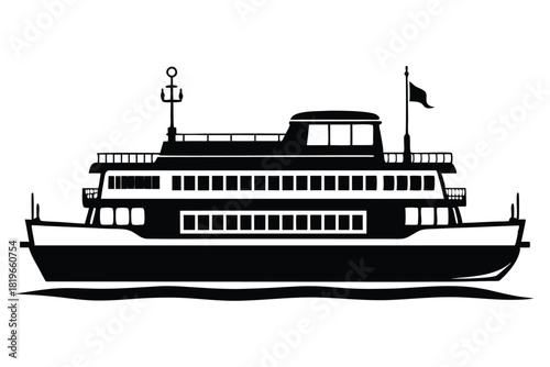 Black silhouette displays a majestic ferryboat sailing on a wavy surface today