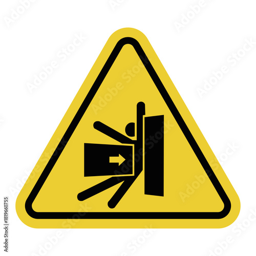 Side crush hazard sign. Yellow triangle warning sign. Side squeezing or crushing. Caution is required.