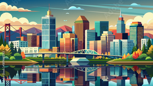 Very beautiful view of the Portland skyline from the east side of the Willamette River in Oregon, USA, showcasing modern high-rises, bridges, and reflections on the water under clear daylight.