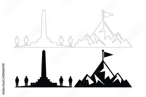 Silhouette of a rocket launch and mountain summit with flag representing ambition and achievement