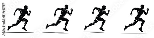 Runner Sprinting Silhouette Vector Illustration Set – Athletic Man in Motion Sequence, Sports Artwork Representing Speed, Strength, Endurance, Training, and Dynamic Running Concept