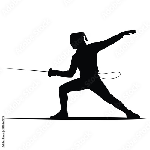 Fencer with Sword Silhouette Vector Illustration – Professional Athlete Performing Attack Lunge Pose, Fencing Sports Artwork Representing Precision, Focus, Strength, and Competitive Spirit