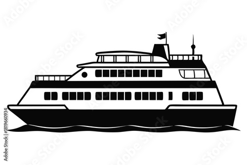 Ferryboat sailing with a black flag flapping on the top is shown in silhouette