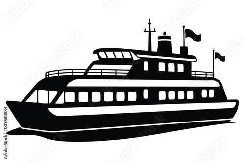 Black silhouette shows the ferryboat floating smoothly across the water during daytime