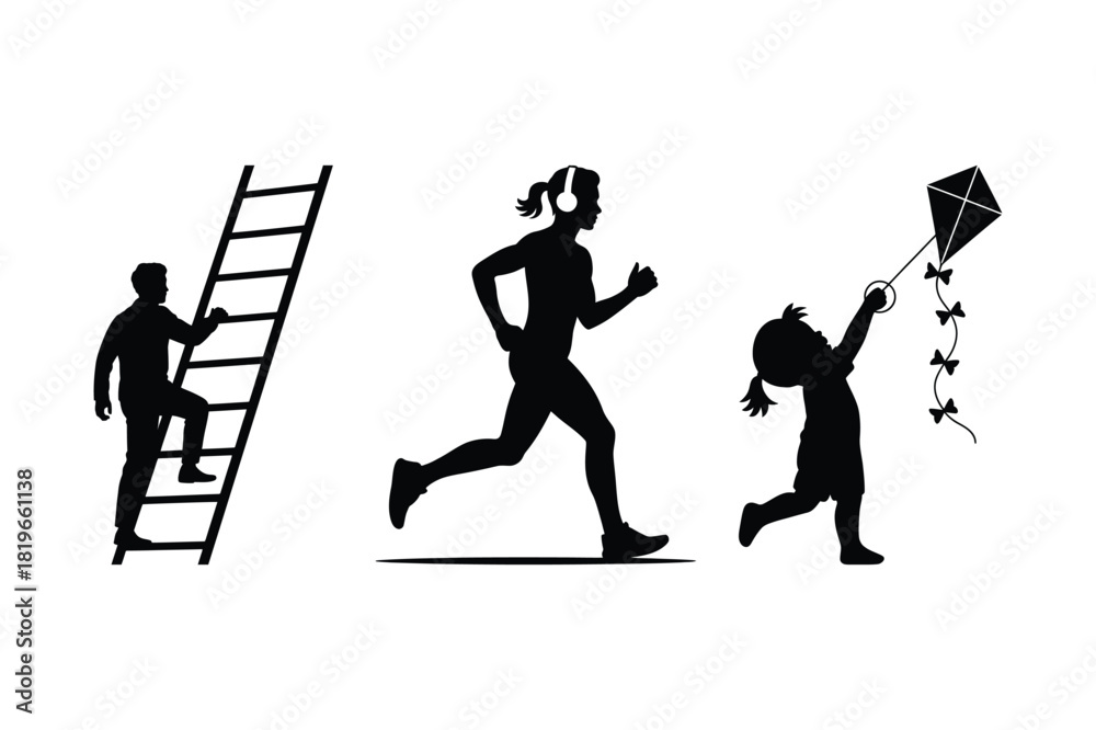 Obraz premium Silhouettes of people climbing a ladder running and flying a kite