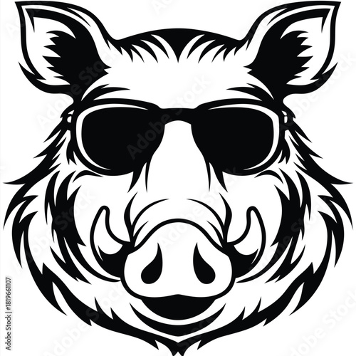 A wild hog wears cool sunglasses, its is presented in black and white