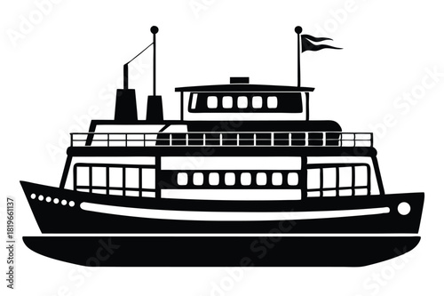 Silhouette shows a twostory ferry with a flag, featuring upper windows and railings