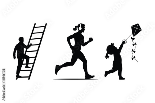Silhouettes of people climbing a ladder running and flying a kite
