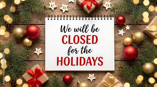 We will be closed for the holidays sign surrounded by christmas ornaments and lights