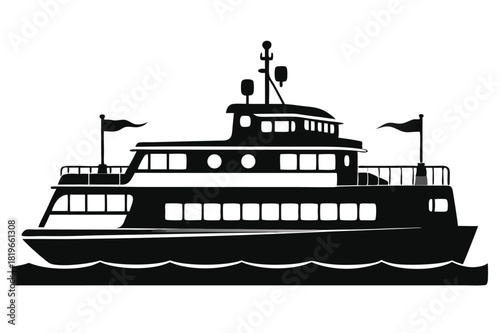 Silhouette of a multidecked ferry boat peacefully floating on wavy water looks peaceful