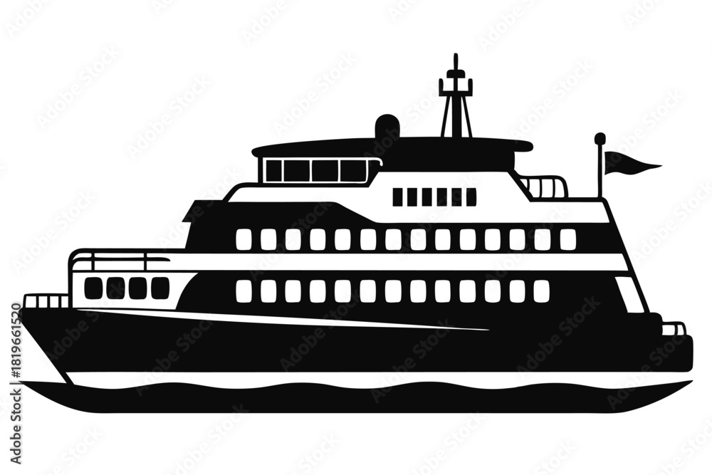 Obraz premium Silhouette of a large cruise ferry boat with multiple decks and navigation equipment visible
