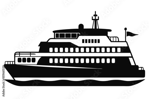 Silhouette of a large cruise ferry boat with multiple decks and navigation equipment visible