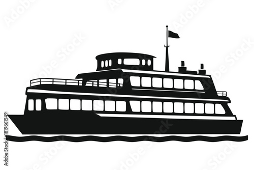 Two story ferry with upper deck sails on stylized waves in monochrome