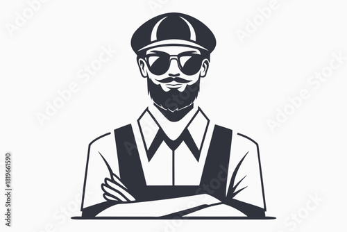Bearded man wearing hat and sunglasses crosses arms looking stylish in grayscale