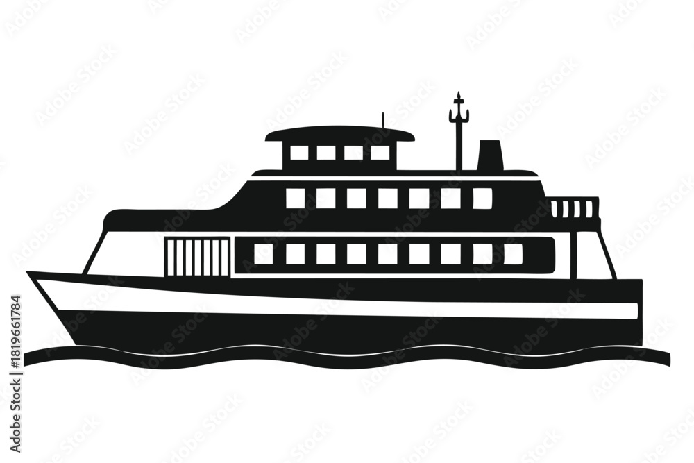 Obraz premium Sleek black silhouette shows a passenger ferry cruising through ocean waters against white background