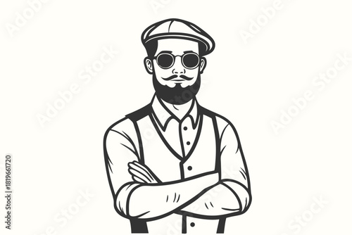 Bearded hipster with cap and glasses stands confidently, arms crossed over his chest